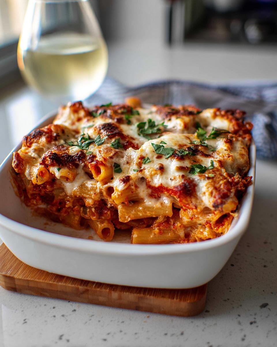 A square white dish filled with bubbling Baked Ziti with Ricotta, topped with melted cheese and parsley.