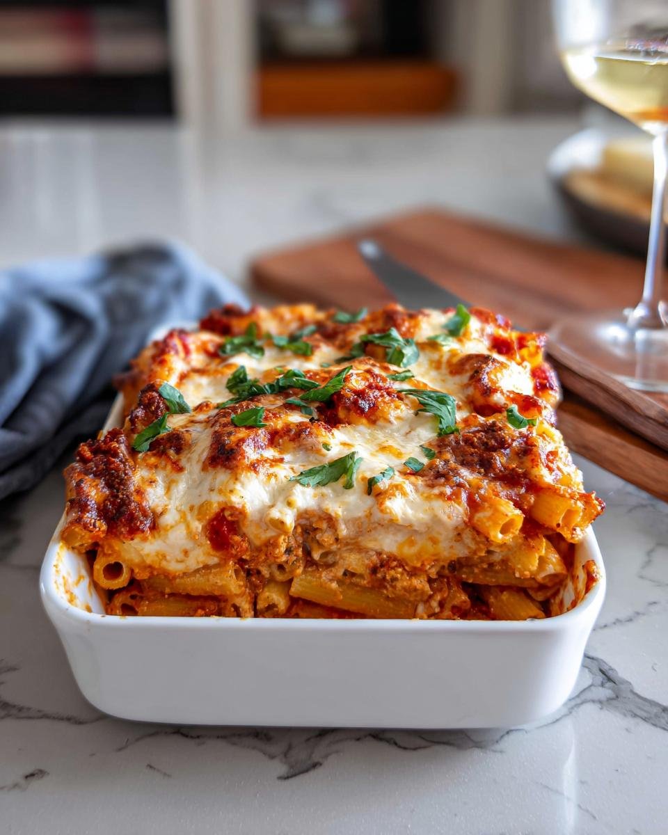 A white baking dish filled with cheesy Baked Ziti with Ricotta, topped with melted mozzarella and fresh parsley.