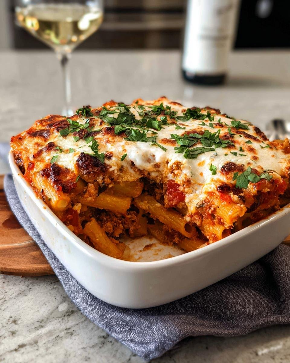 A portion of Baked Ziti with Ricotta showing melted cheese topping and pasta tubes in a white baking dish.