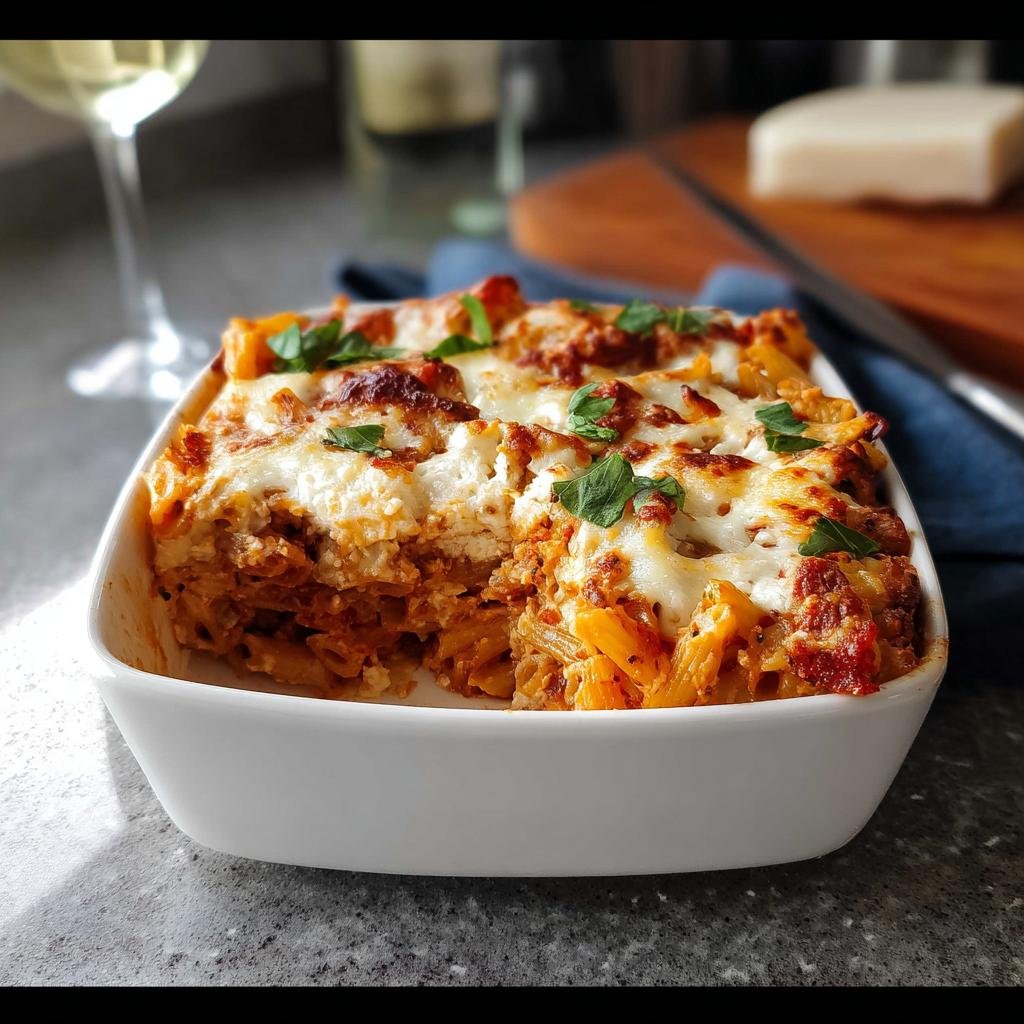 A close-up of a serving dish filled with Baked Ziti with Ricotta, topped with melted cheese and parsley.