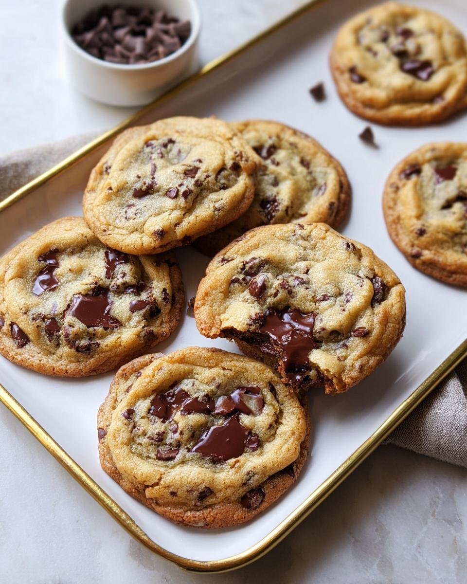 Several thick Bakery Style Chocolate Chip Cookies, one broken open showing melted chocolate centers.