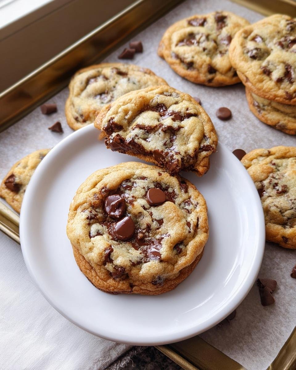 Close-up of thick Bakery Style Chocolate Chip Cookies, one broken in half showing gooey center, served on a white plate.