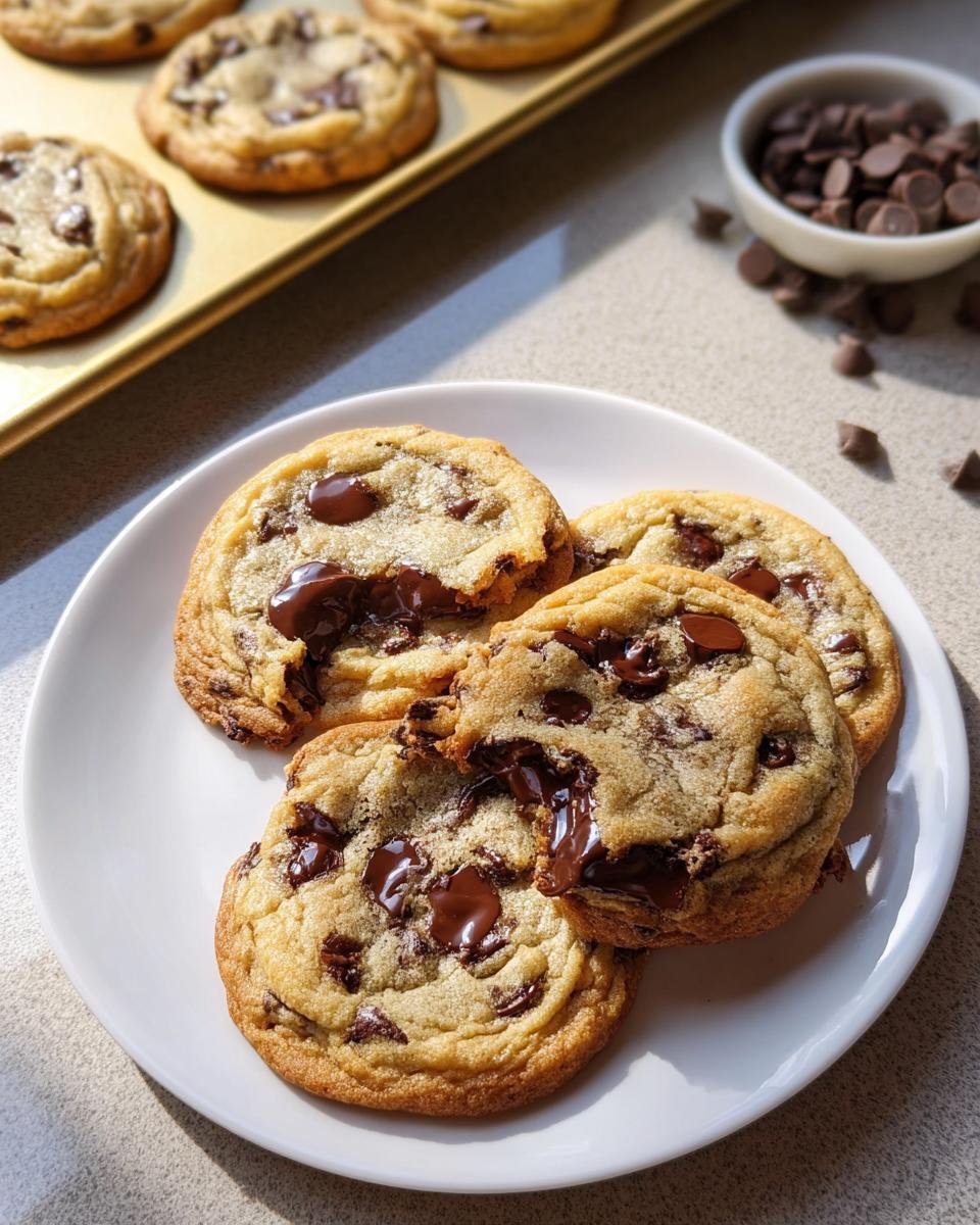 Three thick Bakery Style Chocolate Chip Cookies with gooey melted centers on a white plate.