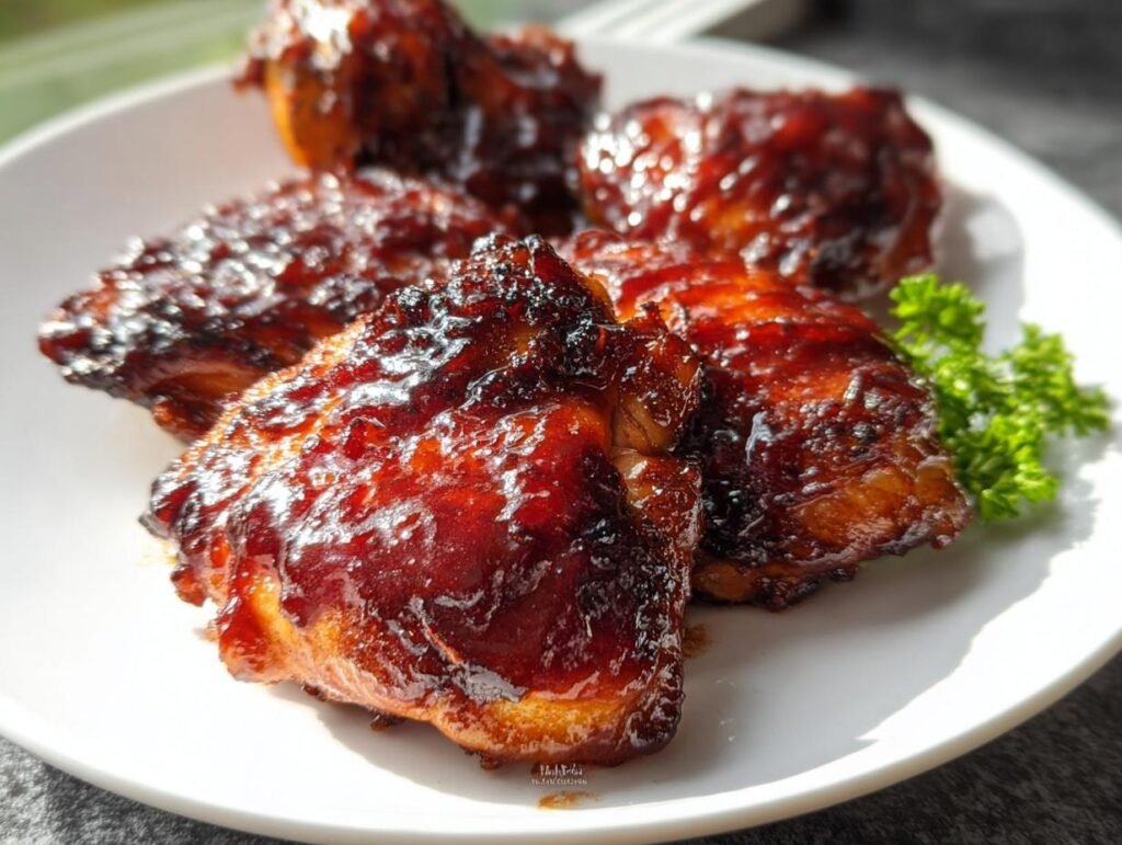 Close-up of several glossy, caramelized BBQ Chicken Thighs Oven Baked pieces on a white plate.