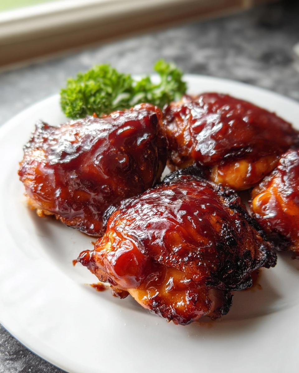 Four pieces of glossy, caramelized BBQ Chicken Thighs Oven Baked served on a white plate with a parsley garnish.