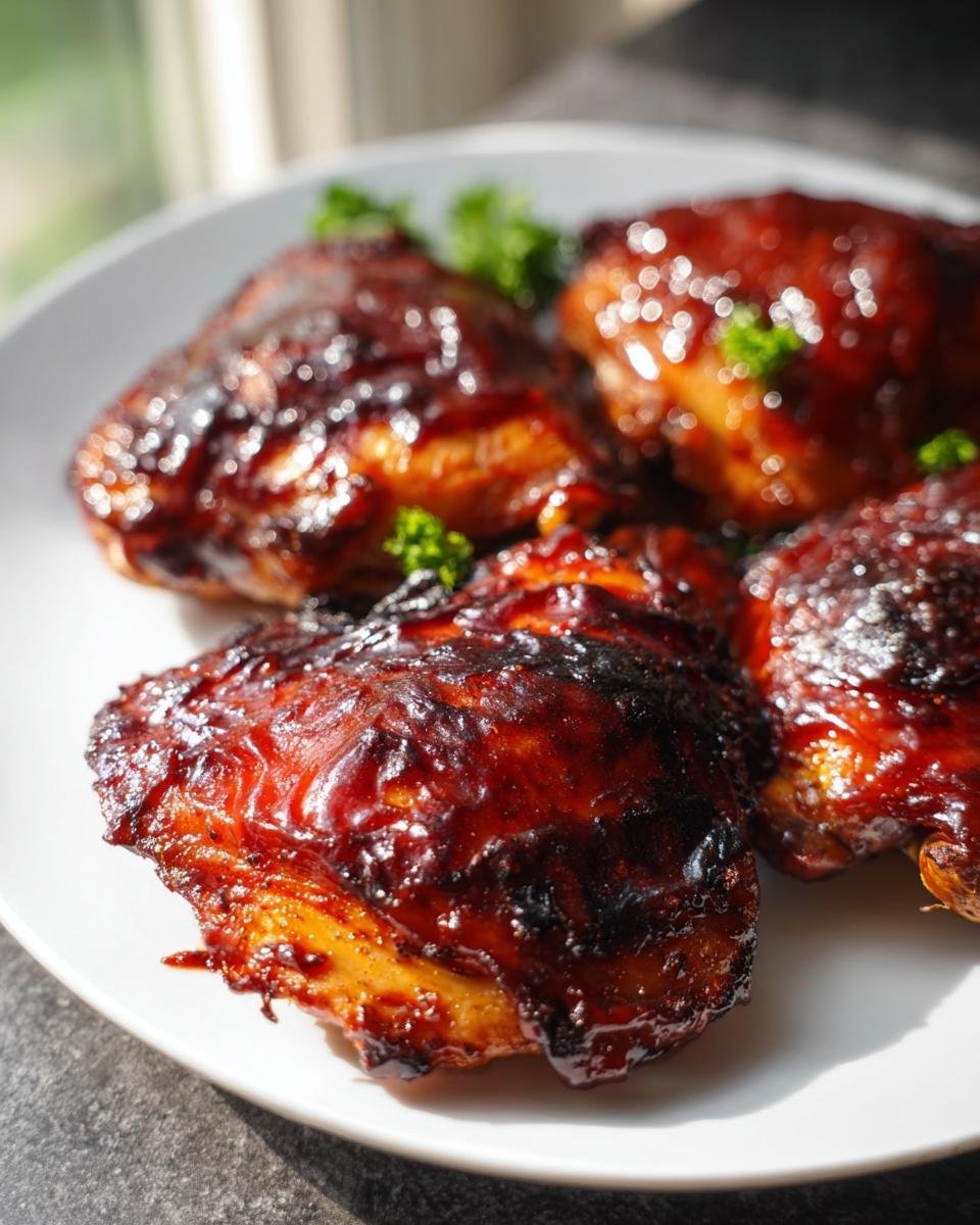 Five pieces of glistening, saucy BBQ Chicken Thighs Oven Baked served on a white plate, garnished with parsley.