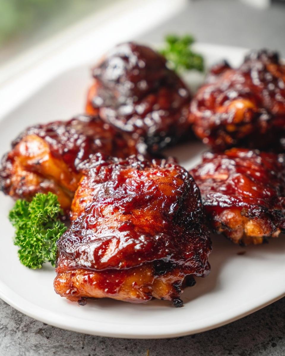 Close-up of four juicy BBQ Chicken Thighs Oven Baked, coated in thick, dark glaze and garnished with parsley.
