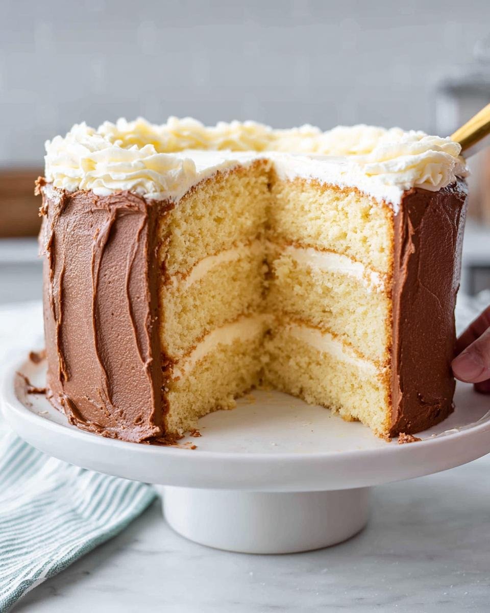 A slice is cut from a beautiful birthday cake with chocolate frosting and vanilla layers.