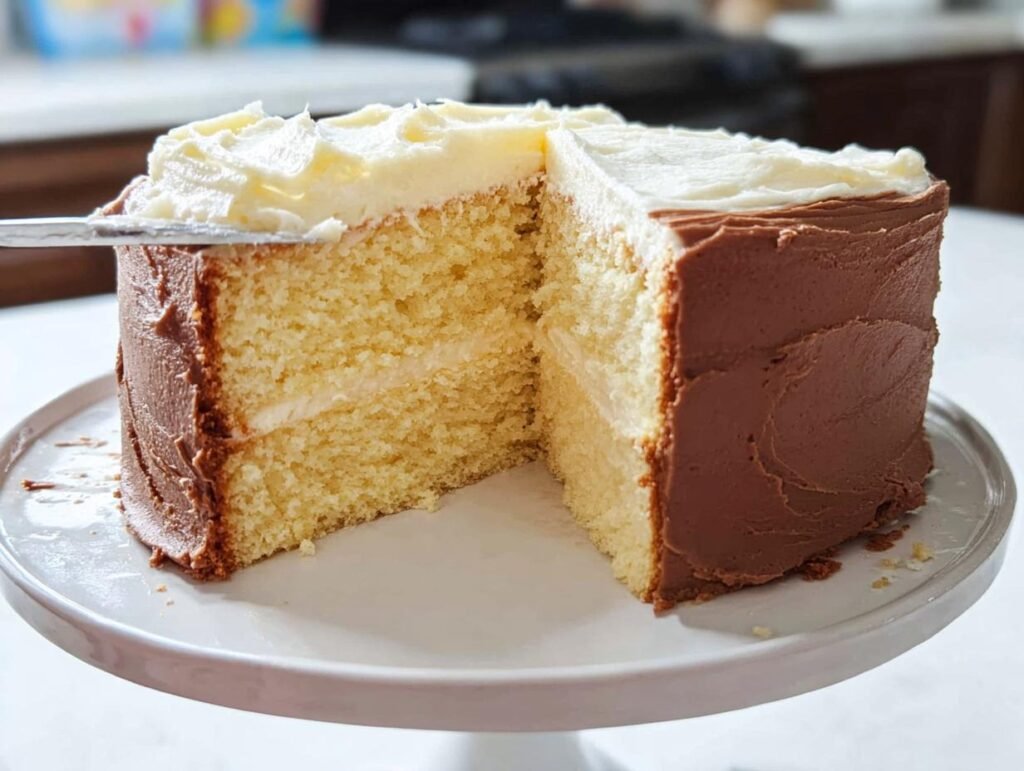 A beautiful birthday cake with chocolate frosting on the sides and vanilla frosting on top, with a slice being cut.