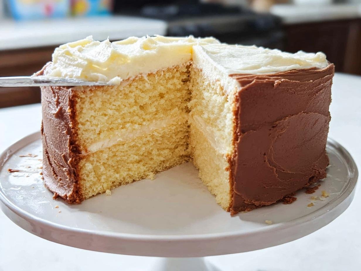 A beautiful birthday cake with chocolate frosting on the sides and vanilla frosting on top, with a slice being cut.
