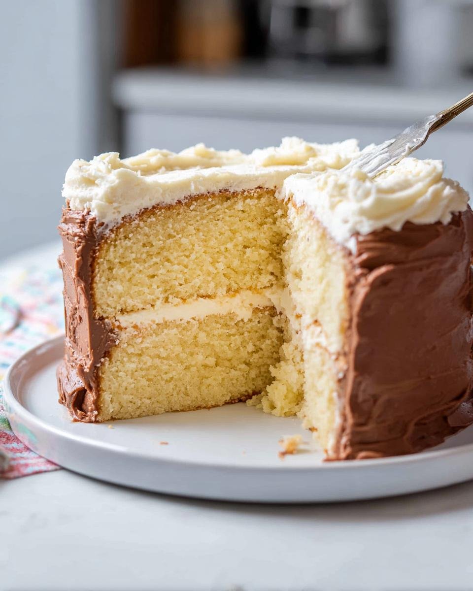 A slice being taken from a beautiful birthday cake with chocolate frosting and vanilla buttercream.
