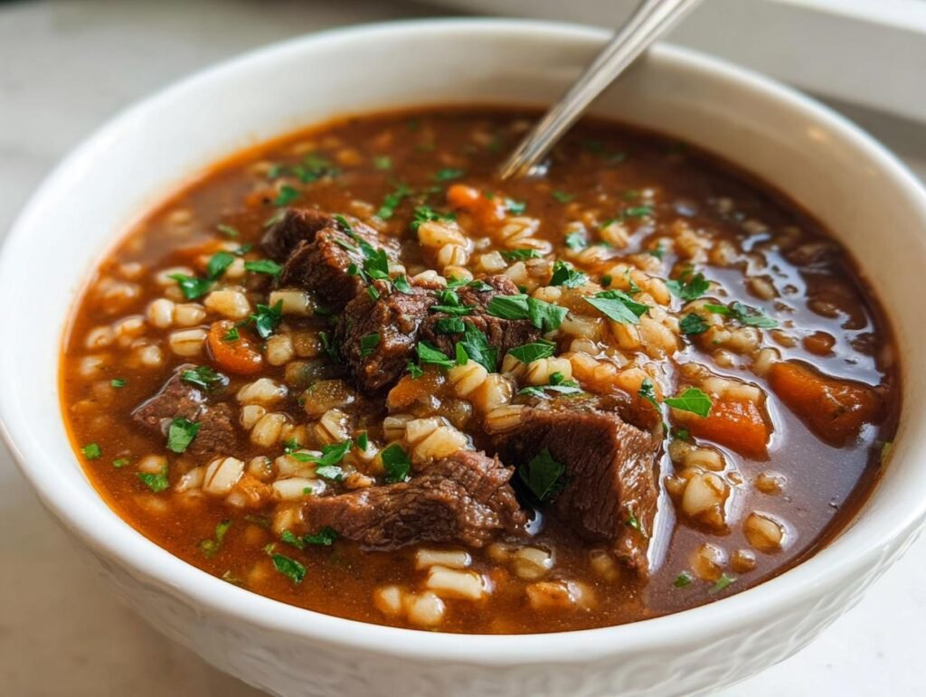 Close-up of a steaming bowl of rich Beef and Barley Soup garnished with fresh parsley.