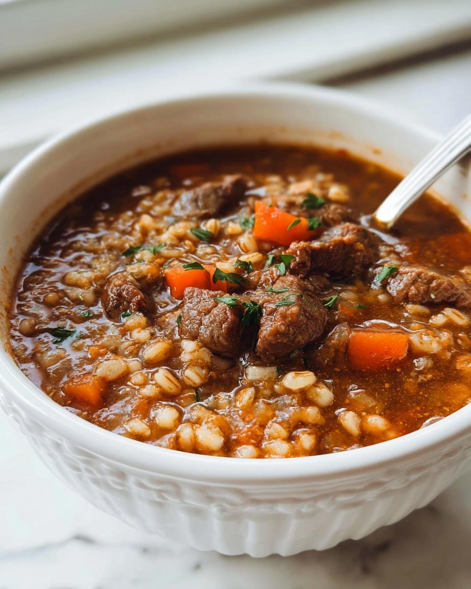 A close-up of a bowl of rich Beef and Barley Soup Cold Weather Favorite with chunks of beef and carrots.
