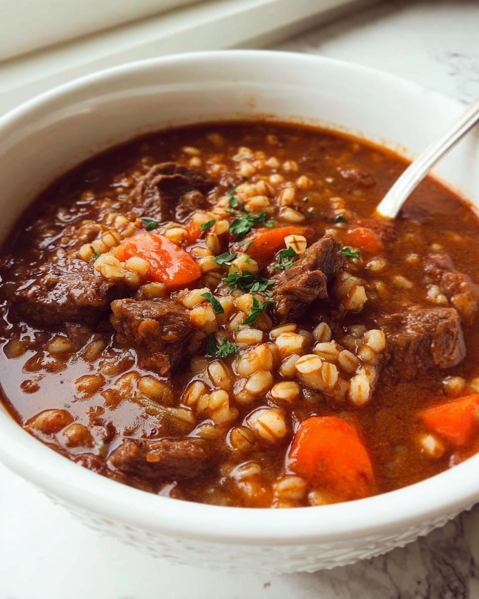 Close-up of a steaming bowl of rich Beef and Barley Soup Cold Weather Favorite, showing chunks of beef, barley, and carrots.