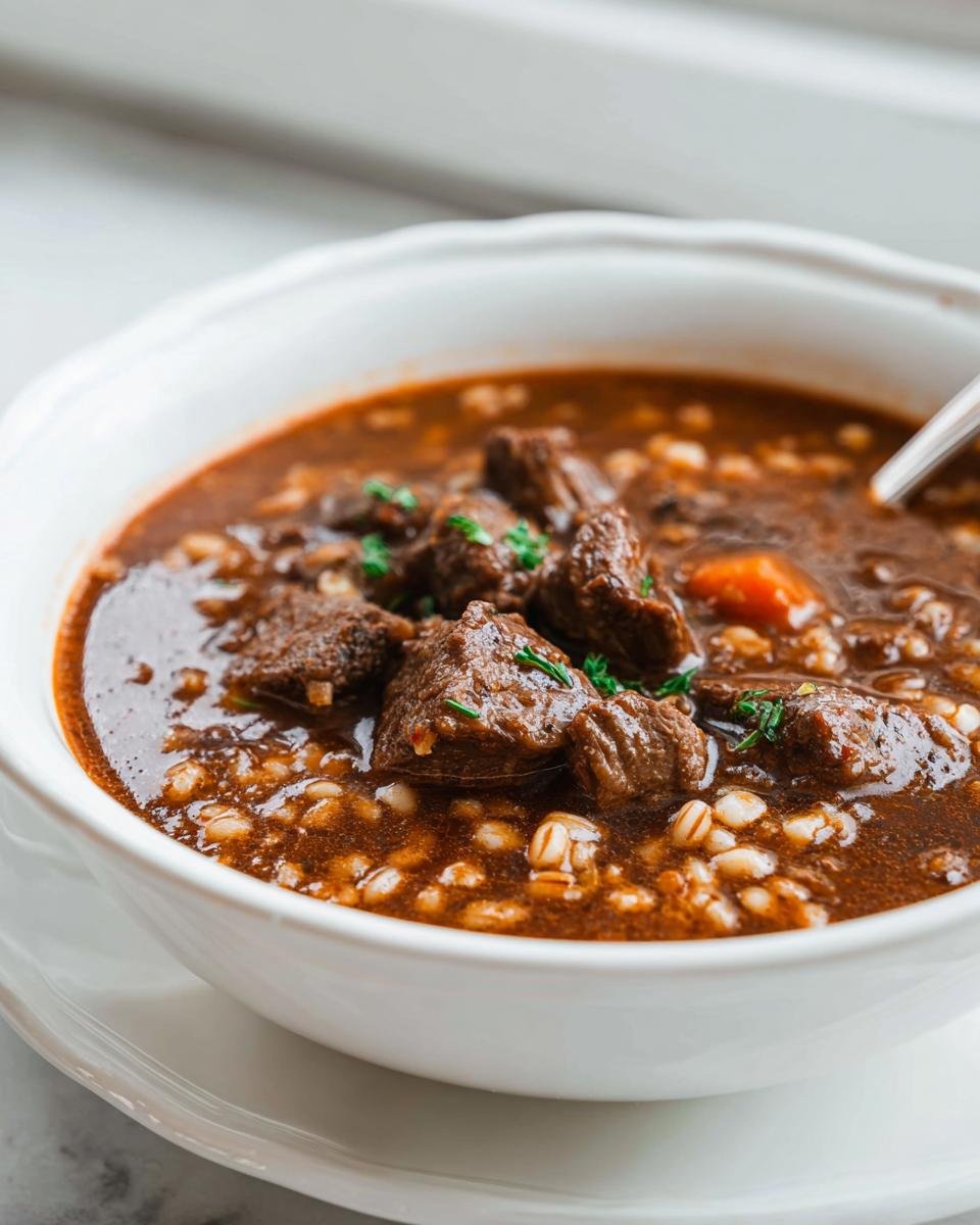 Close-up of a white bowl filled with rich, dark Beef and Barley Soup Cold Weather Favorite, featuring chunks of beef and cooked barley.