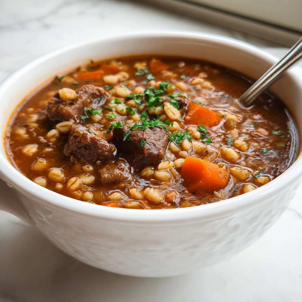 A close-up of a white bowl filled with rich Beef and Barley Soup Cold Weather Favorite, topped with parsley.