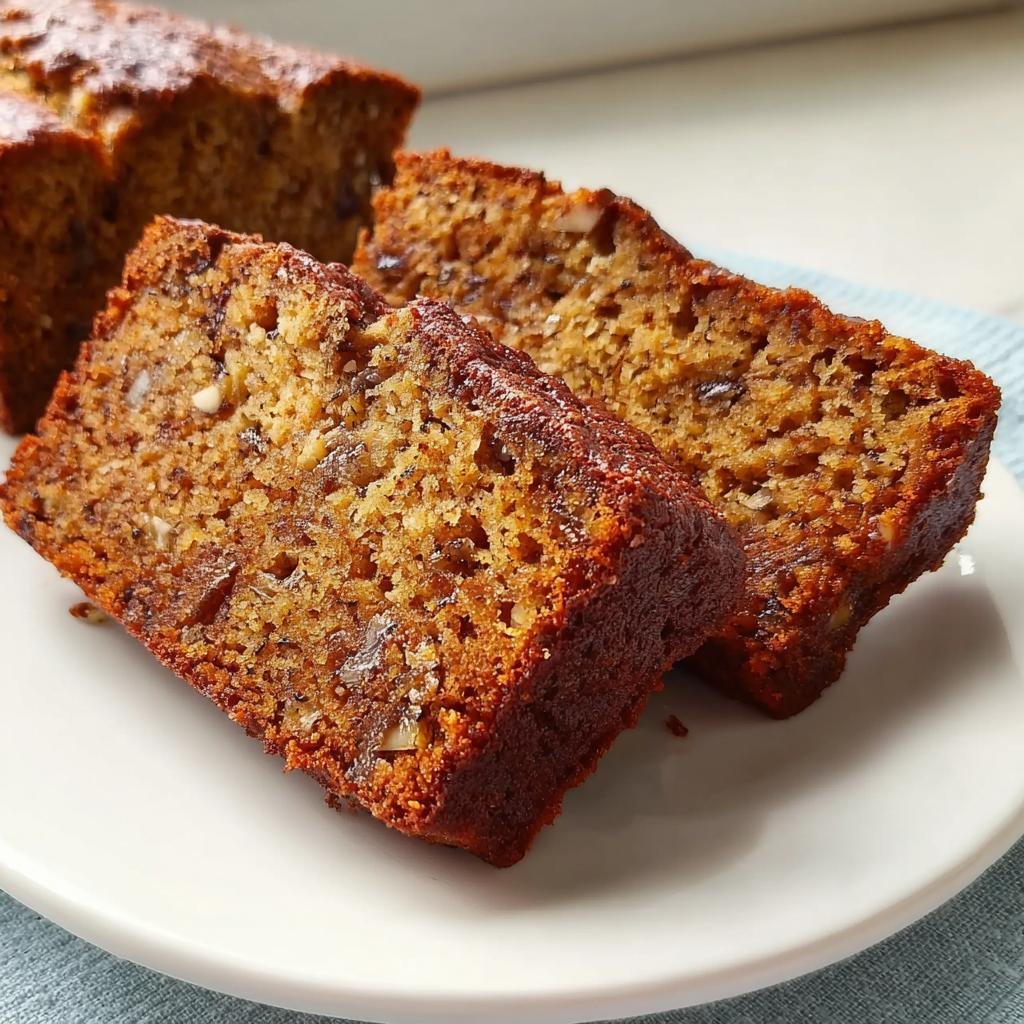 Close-up of moist banana bread slices on a white plate, showcasing the texture and nuts.
