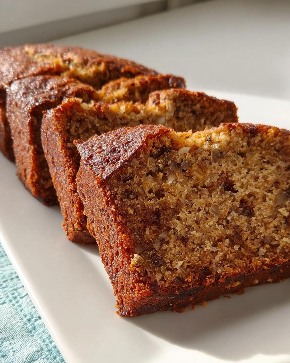 Close-up of moist banana bread slices on a white plate, showcasing the texture and ingredients.