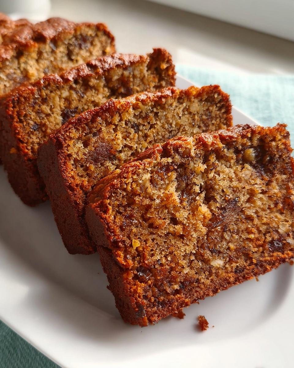 Close-up of four moist slices of banana bread on a white plate, showcasing its texture and rich color.