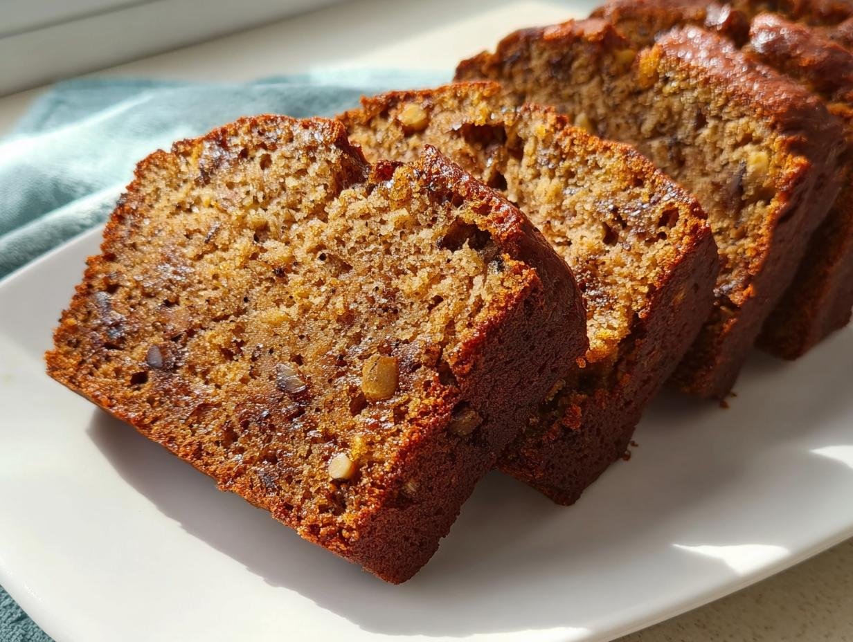 Close-up of moist slices of the Best Banana Bread Recipe, showing texture and nuts.