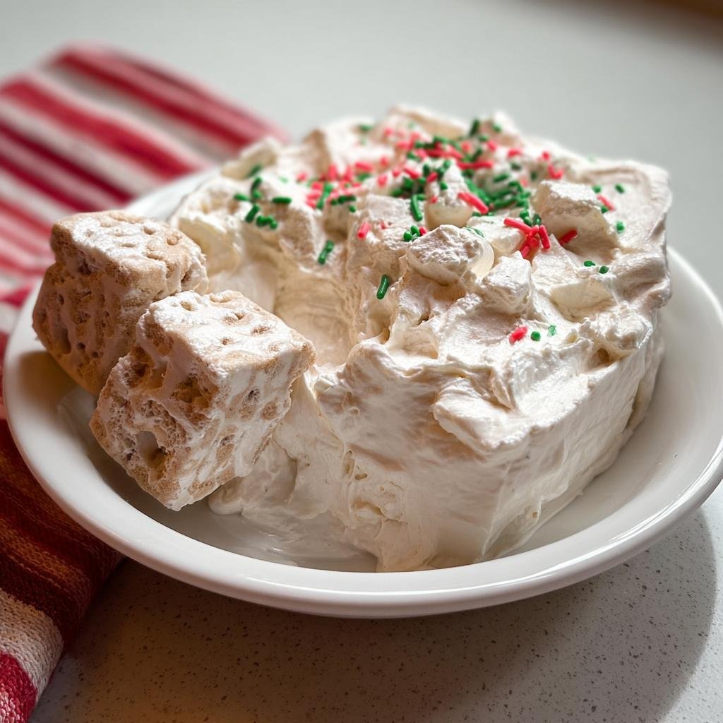 A close-up of the Best Little Debbie Tree Cake Dip, topped with whipped cream and festive sprinkles, with pieces of cake for dipping.