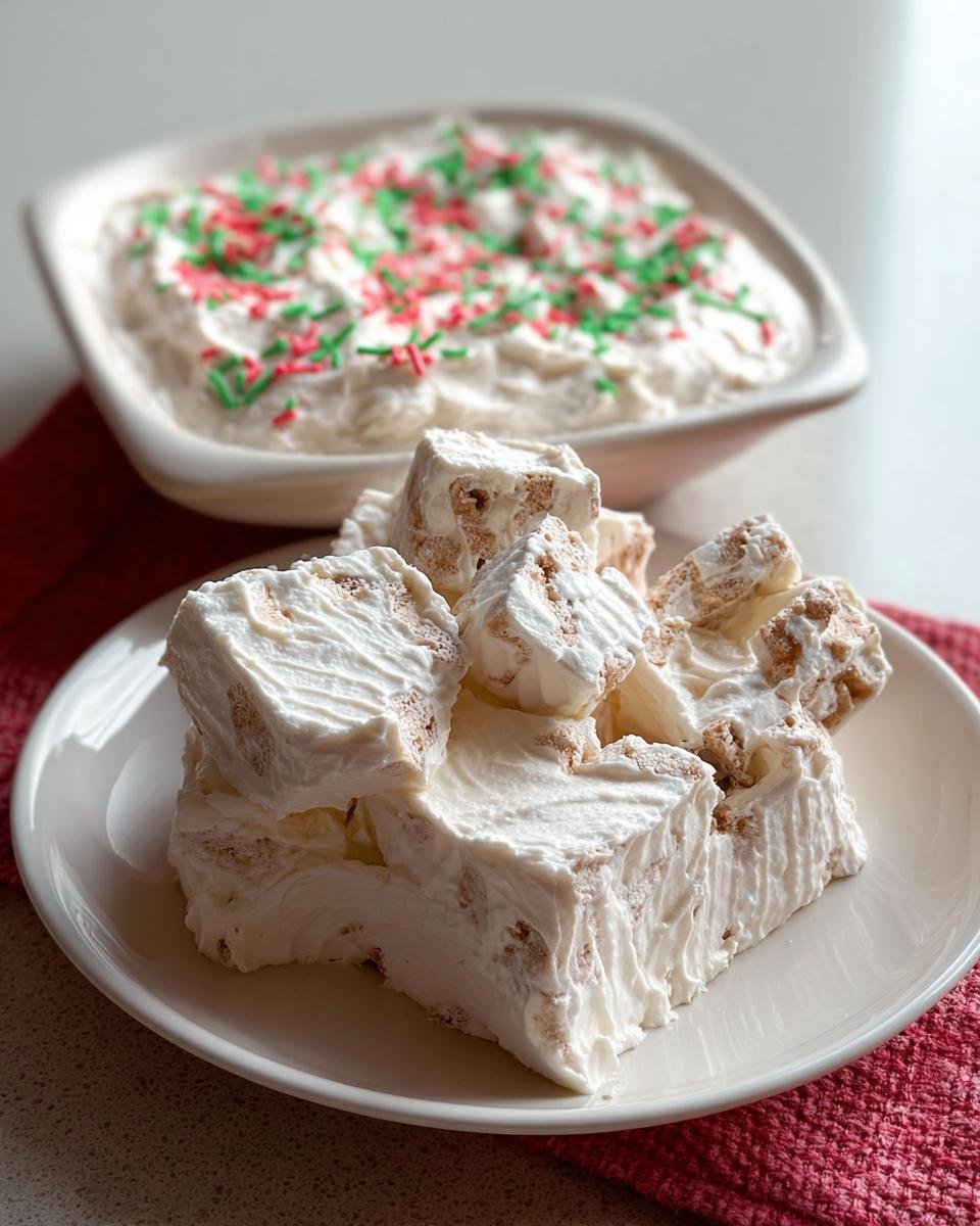 Close-up of a white plate piled high with chunks of white nougat-like dessert, with a bowl of creamy dip topped with red and green sprinkles in the background.