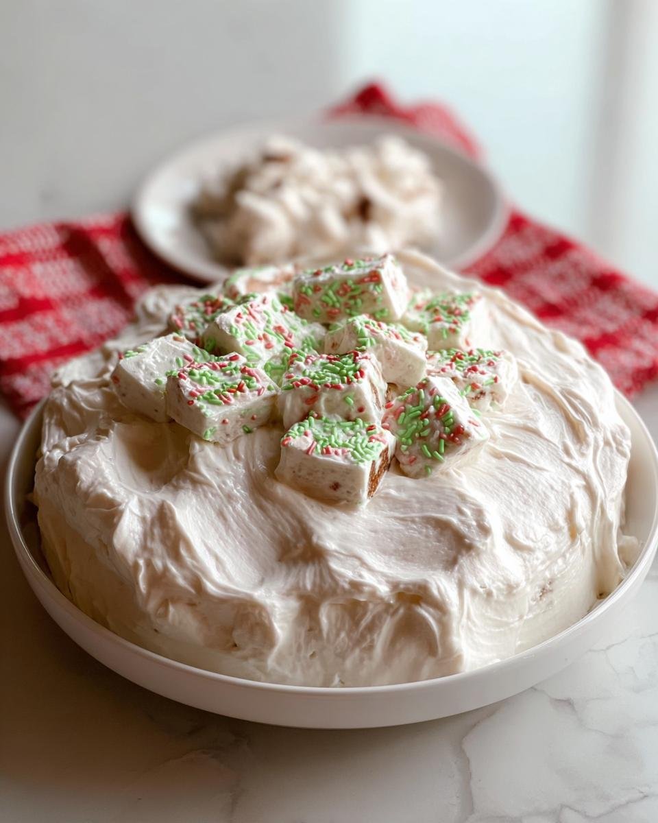 A fluffy white dip topped with marshmallows sprinkled with red and green jimmies, representing the Best Little Debbie Tree Cake Dip.