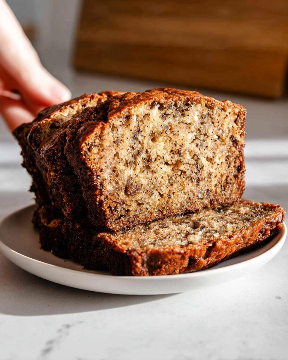 A perfect slice of the Best Moist Banana Bread Recipe, showcasing its texture and rich color.