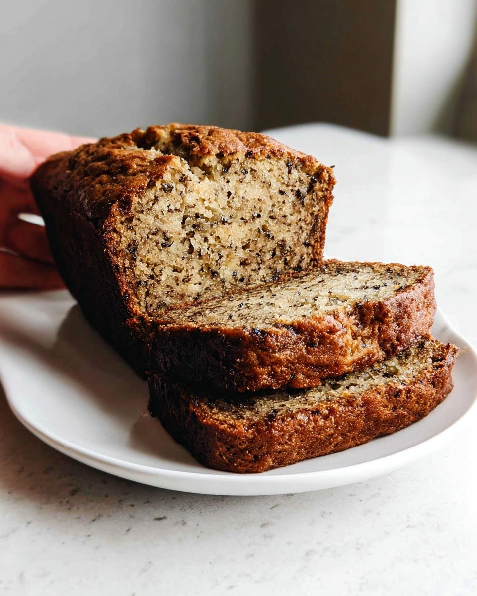 A perfectly baked slice of moist banana bread, showcasing its tender crumb and banana flecks.