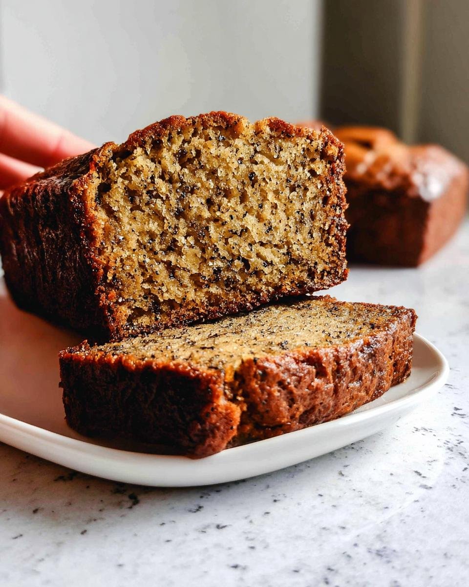 A perfectly sliced piece of moist banana bread, showcasing its tender crumb and dark specks.