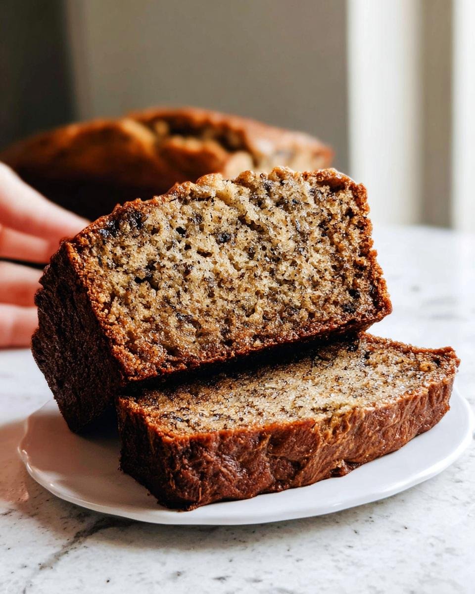 Two moist slices of banana bread stacked on a white plate, showcasing the perfect texture of the Best Moist Banana Bread Recipe.