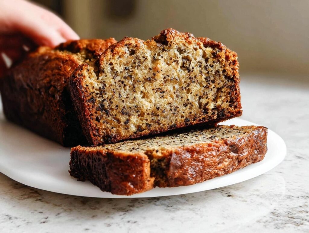 A perfect slice of moist banana bread, showcasing its rich texture and banana flecks.