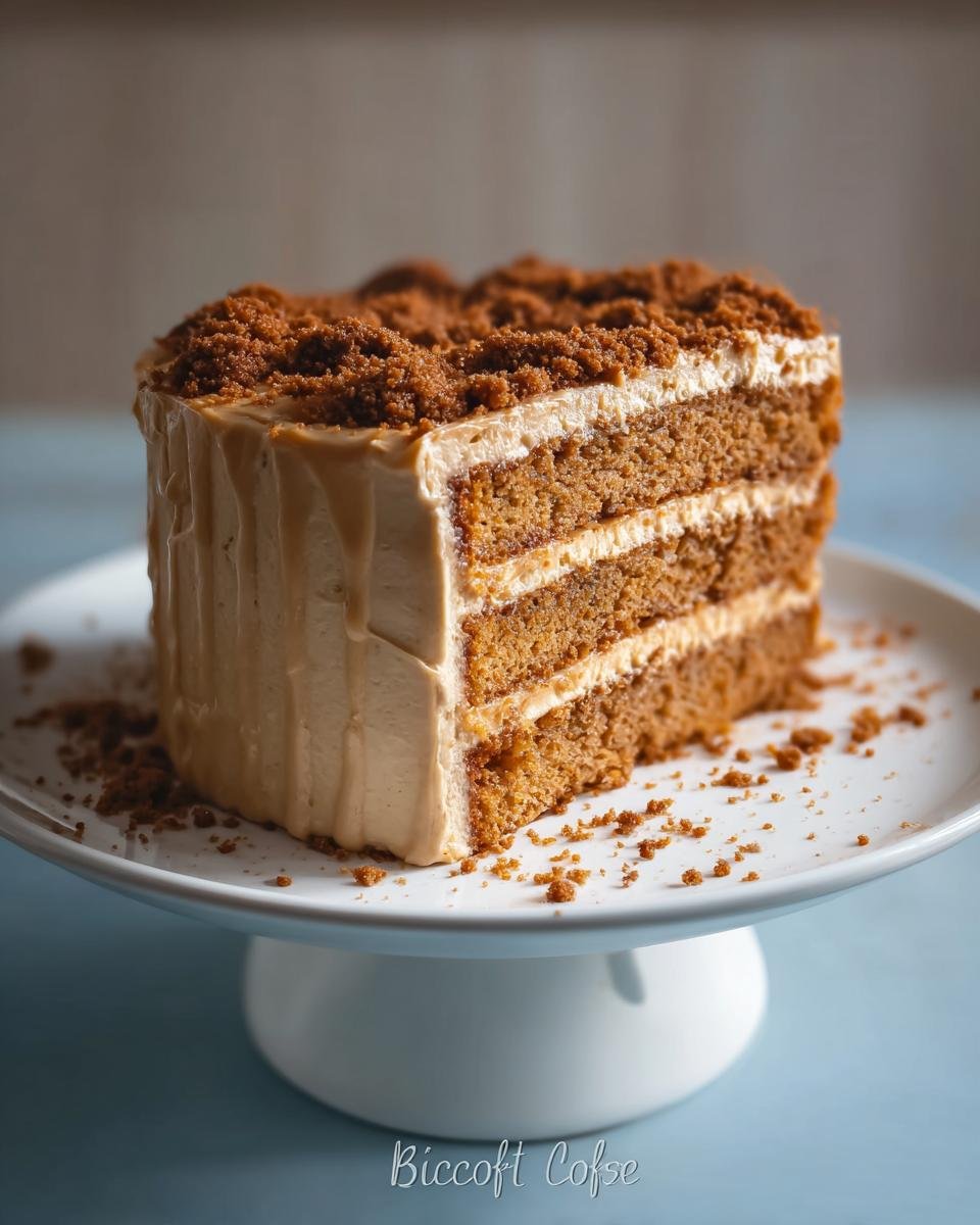 A slice of homemade Biscoff cake with layers of moist cake and creamy frosting, topped with cookie crumbs.