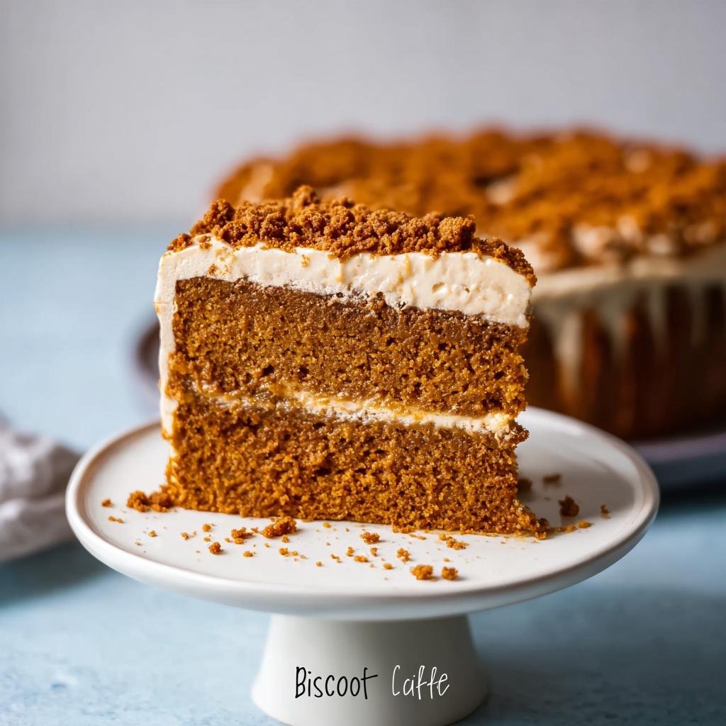 A delicious slice of homemade Biscoff cake with creamy frosting and crumbled Biscoff cookies on top.