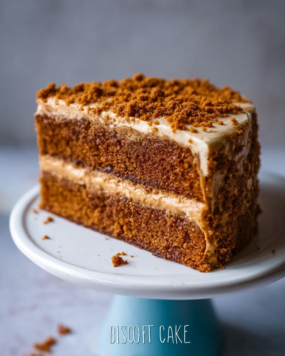 A moist slice of homemade Biscoff Cake, layered with creamy frosting and topped with Biscoff cookie crumbs.
