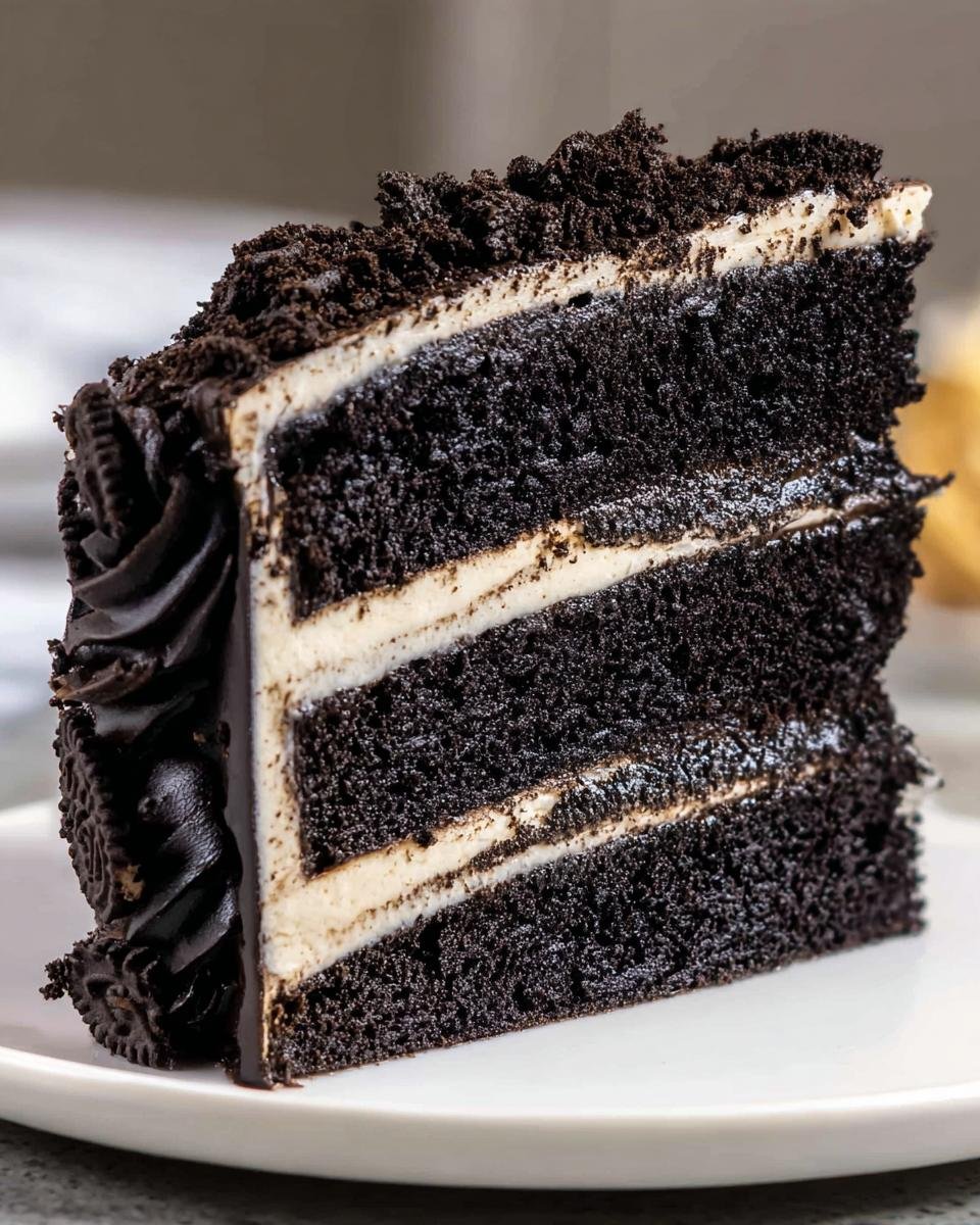 A decadent slice of black velvet Oreo cake with layers of dark chocolate cake and cream filling, topped with crushed Oreos.