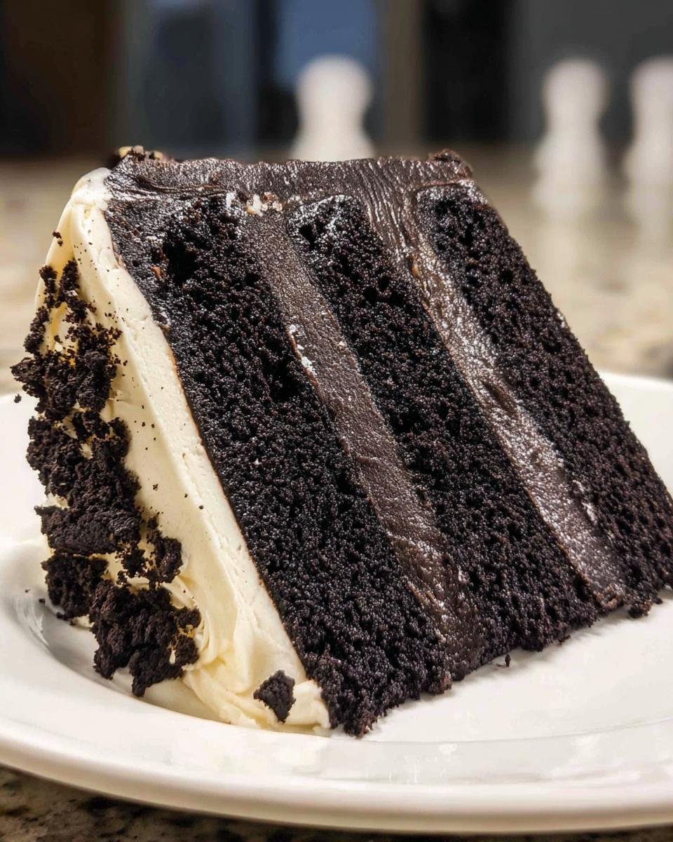 A decadent slice of black velvet oreo cake with layers of dark chocolate cake and cream cheese frosting, topped with oreo crumbles.
