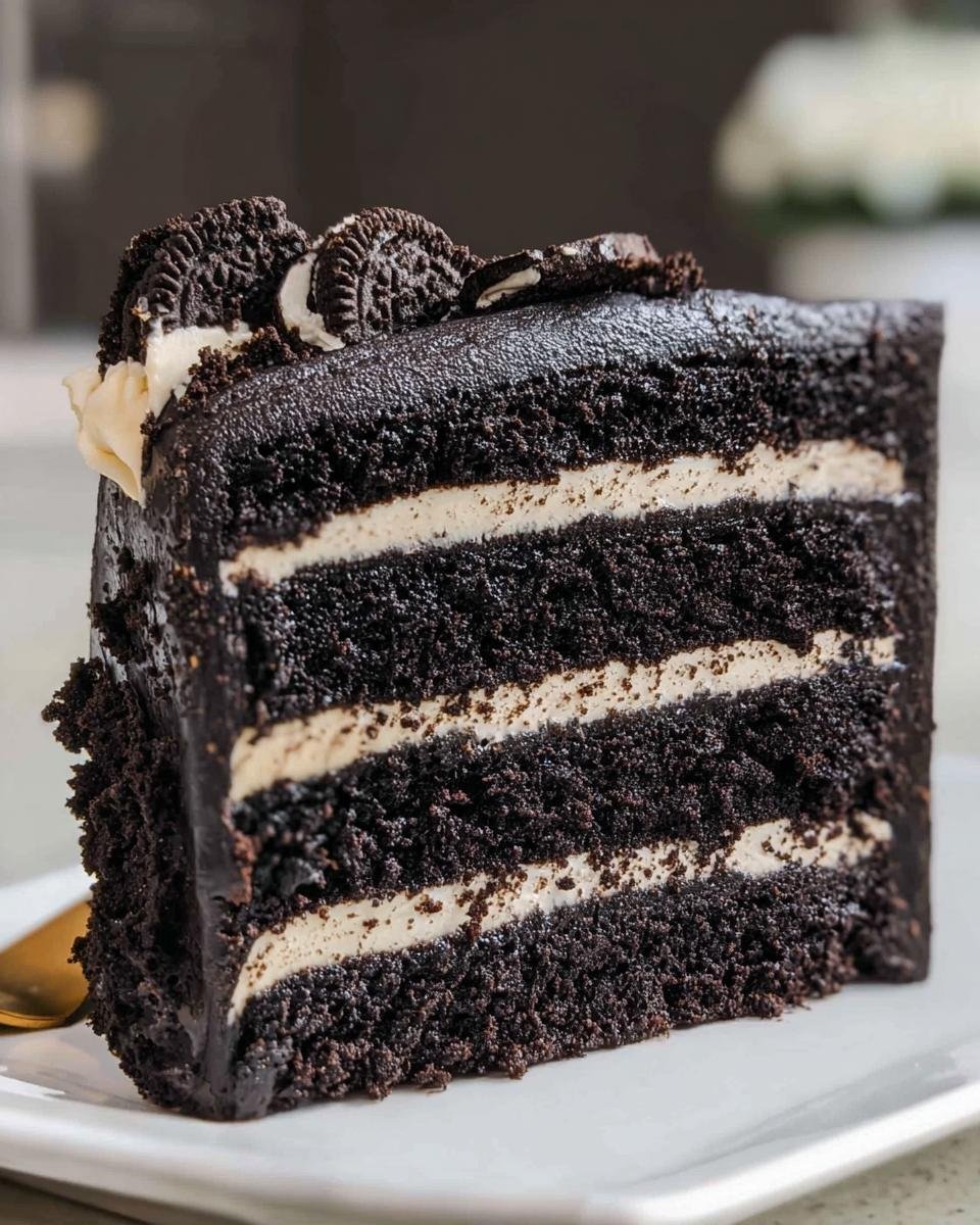 A decadent slice of black velvet oreo cake, showcasing rich dark chocolate layers and creamy white filling, topped with oreo cookies.