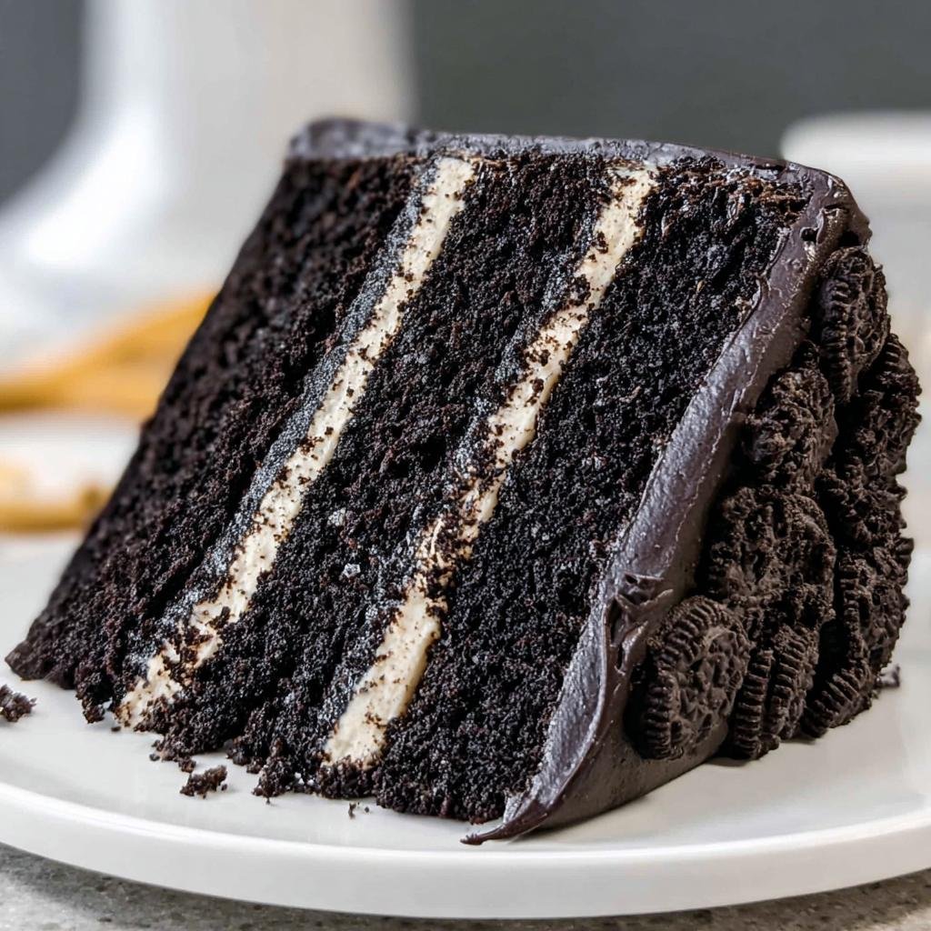 A decadent slice of black velvet oreo cake with layers of dark chocolate cake and creamy filling, topped with chocolate frosting and crushed oreos.