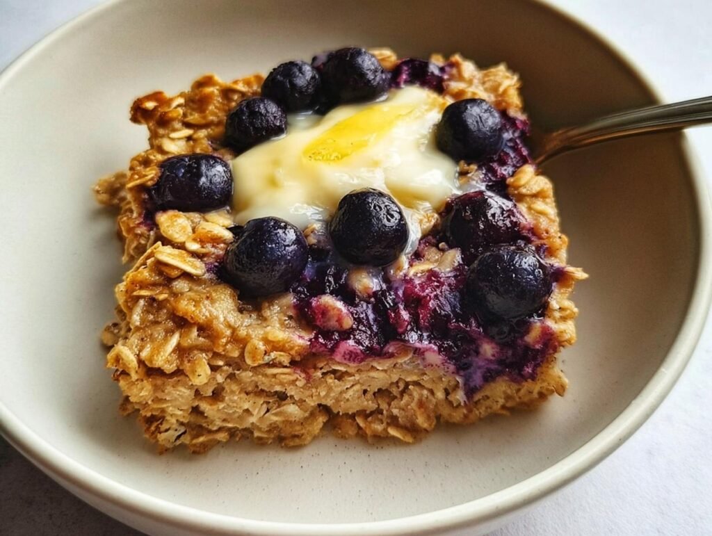 A square serving of Blueberry Lemon Baked Oatmeal topped with fresh blueberries and a dollop of creamy topping.