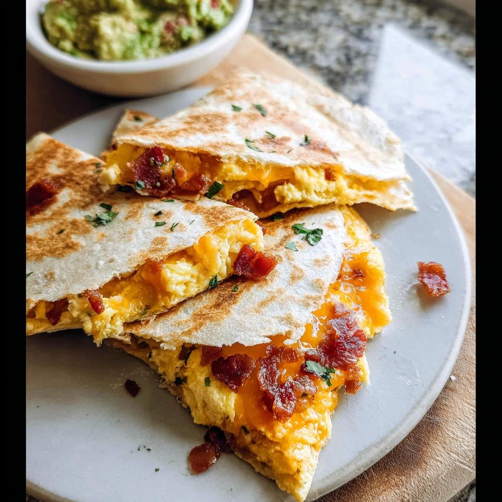 Close-up of sliced Breakfast Quesadillas Family Favorite filled with scrambled eggs, melted cheese, and bacon bits.