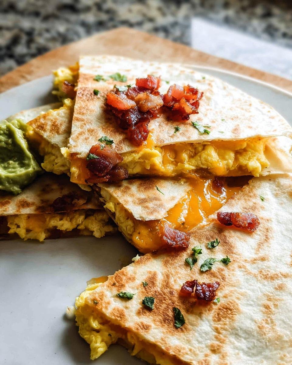 Close-up of golden-brown Breakfast Quesadillas Family Favorite filled with scrambled eggs and melted cheese, topped with bacon.