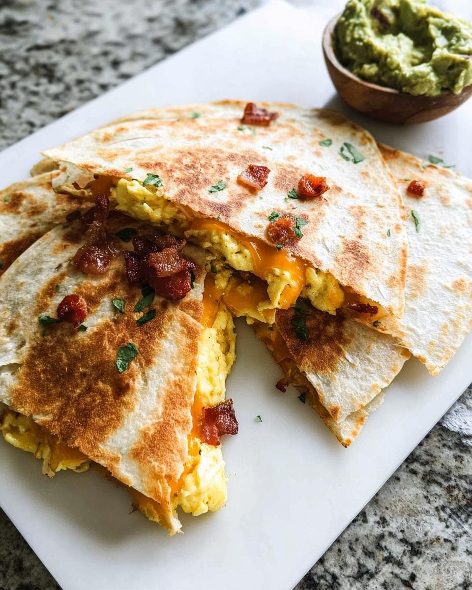 Close-up of Breakfast Quesadillas Family Favorite, filled with scrambled eggs, melted cheese, and bacon, served with guacamole.
