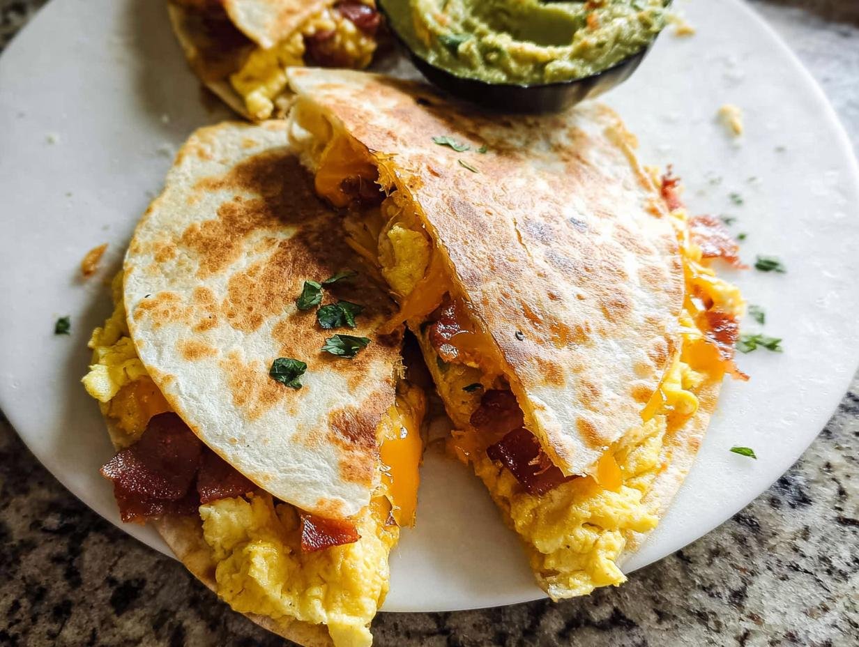 A close-up of a halved Breakfast Quesadillas Family Favorite filled with scrambled eggs, bacon, and melted cheese, served with guacamole.