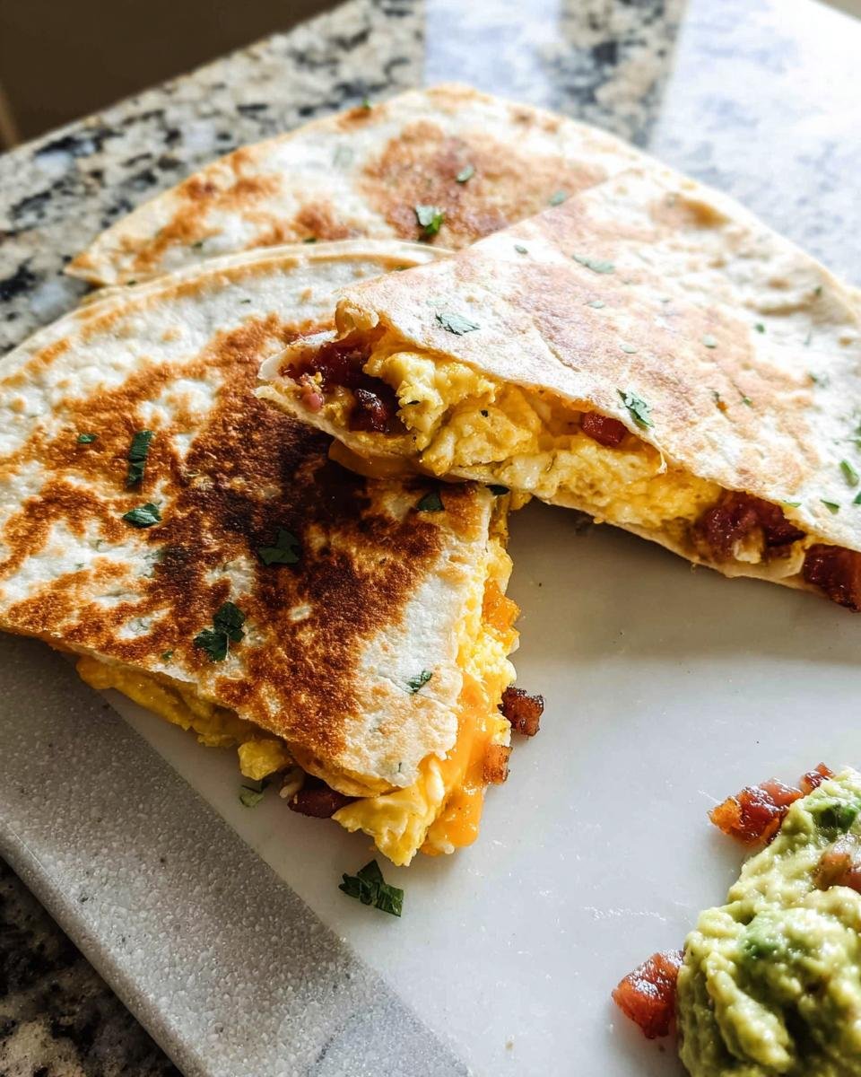 Close-up of golden-brown Breakfast Quesadillas Family Favorite filled with scrambled eggs, bacon, and melted cheese.
