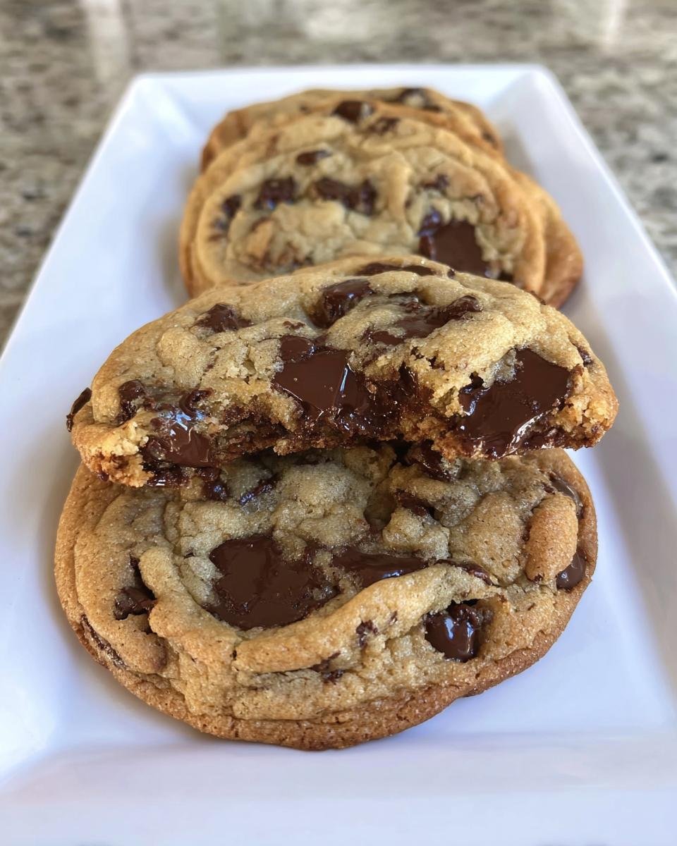 Close up of a gooey Brown Butter Chocolate Chip Cookie broken in half showing melted chocolate.