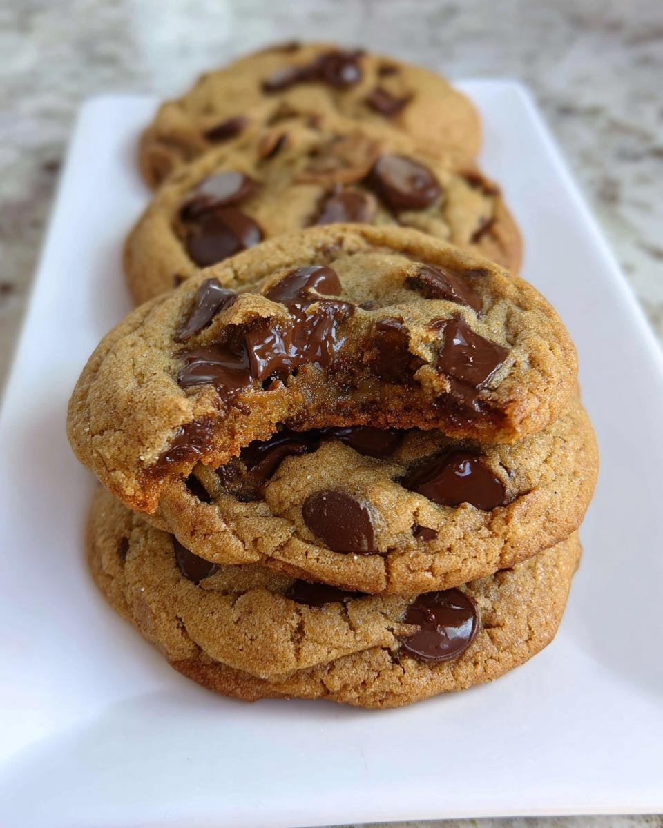A stack of three chewy Brown Butter Chocolate Chip Cookies, with the top one broken open revealing gooey, melted chocolate chips.