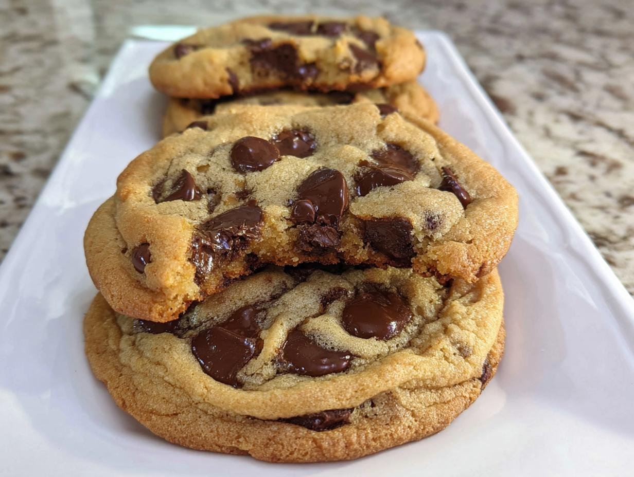 A stack of gooey Brown Butter Chocolate Chip Cookies, with the top one broken open showing melted chocolate chips.