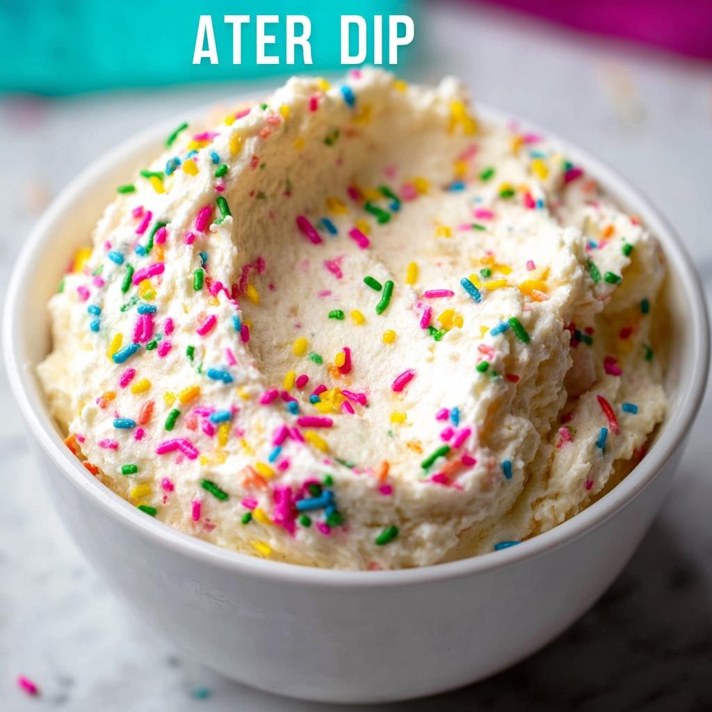 A bowl of creamy cake dip recipe topped with colorful sprinkles.