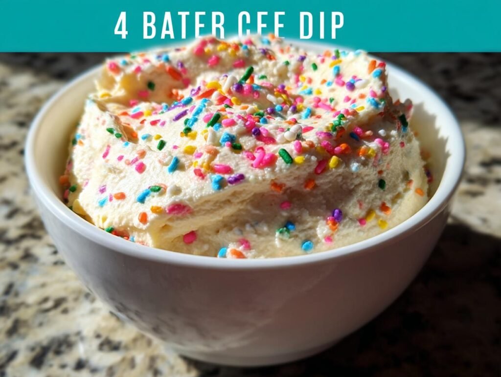 A bowl of creamy cake dip recipe topped with colorful sprinkles.